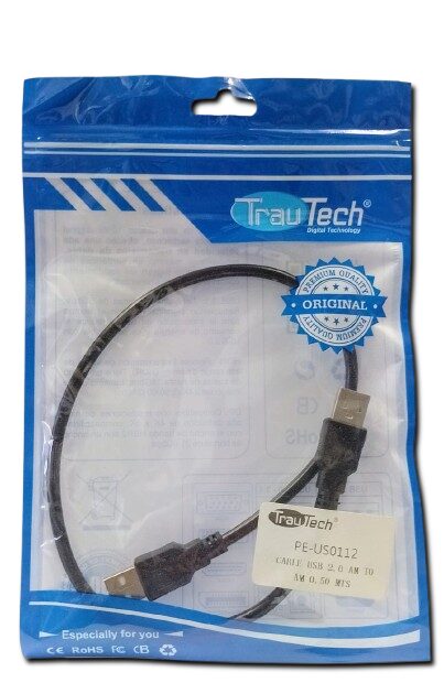 CABLE USB-A 2.0 A USB-A 2.0 DE 50 CENTIMETROS AMBOS MACHOS PARA ENERGIA TRAUTECH