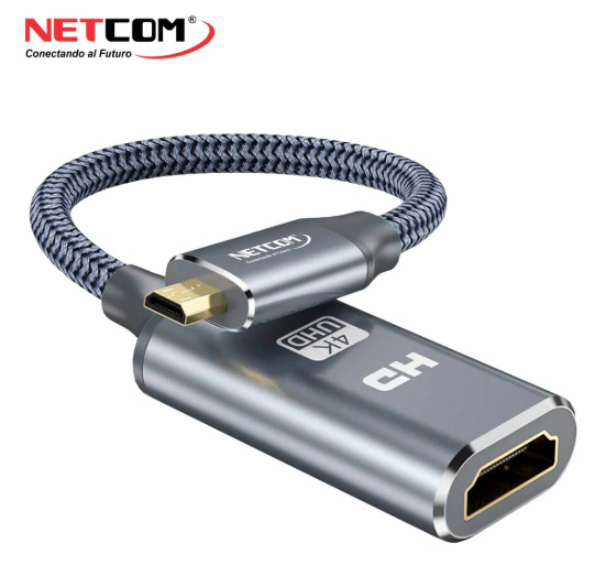 CABLE ADAPTADOR DE MICRO HDMI MACHO A HDMI HEMBRA ULTRA HD 4K 60HZ CON CONECTORES DE ALUMINIO NETCOM