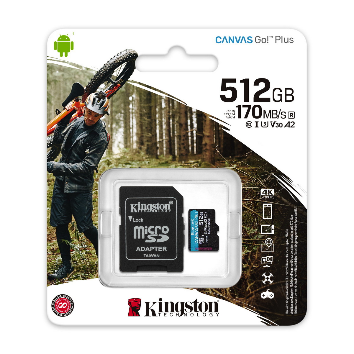 Tarjeta MicroSDXC Kingston Canvas Go Plus 512GB, A2, U3, V30, 170 MB/s, incluye adaptador