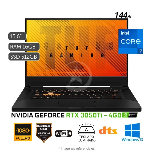 Laptop Asus TUF Dash F15 TUF516PE Gaming Intel Core i7-11370H 3.3GHz, RAM 16GB, Sólido SSD 512GB PCIe, Video 4 GB Nvidia RTX 3050Ti, LED 15.6\" Full HD 144Hz, Windows 10 Home
