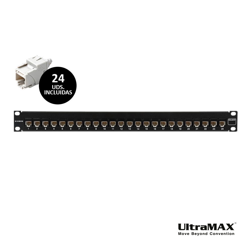 Patch Panel Modular 24 Puertos UltraMAX Cat6 (Incluye 24 Jacks U6-P00NB). CODIGO: UP6-F1-24K-RS