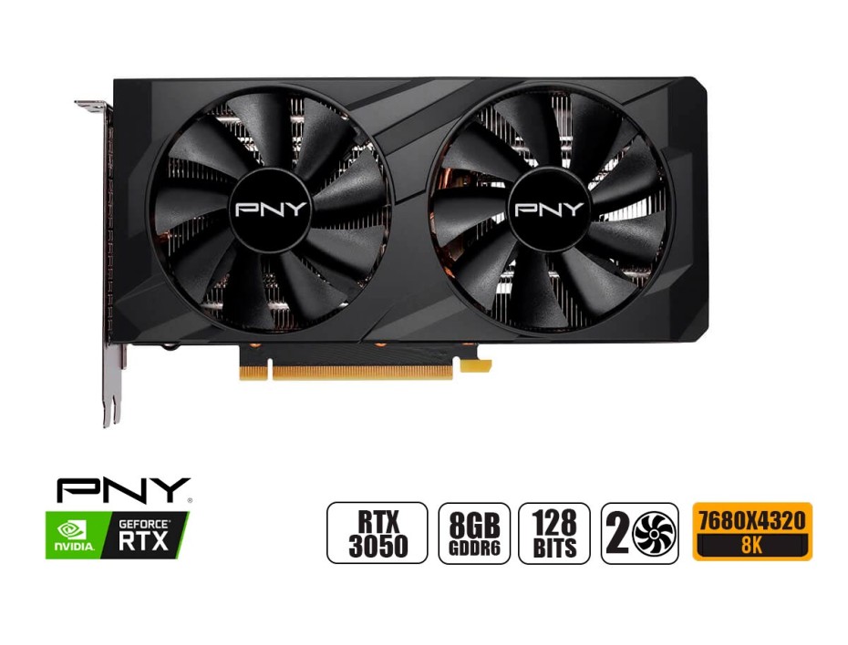 TARJETA DE VIDEO PNY RTX 3050 8GB GDDR6 GEFORCE NVIDIA VERTO 128 BITS, GRAFICO PARA VIDEOJUEGOS, 2 VENTILADORES (VCG30508DFBPB1)