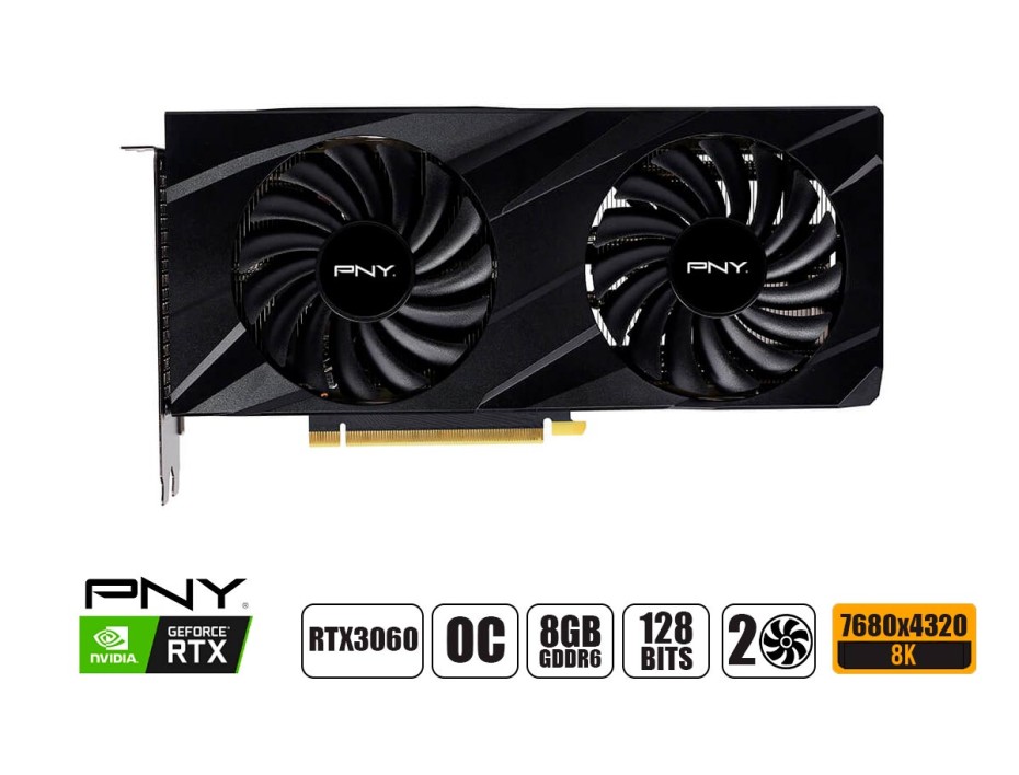 TARJETA DE VIDEO PNY RTX 3060 8GB, VERTO, GDDR6 GEFORCE NVIDIA 128 BITS, OC, GRAFICO PARA VIDEO JUEGOS, 2 FAN (VCG30608DFBPB1)