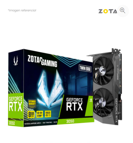 VIDEO ZOTAC GEFORCE RTX 3050 TWIN EDGE 8GB GDDR6 128-BIT CUDA 2560 HDMI DP ZT-A30500E-10M