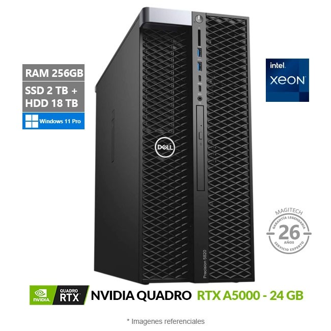 PC WorkStation Dell Precision 5820 Tower, Intel Xeon W-2195 Hasta 4.3 GHz, RAM 256GB-ECC, SSD 2TB + HDD 18TB, 24 GB NVIDIA Quadro RTX A5000, 950W, Windows 11 Pro