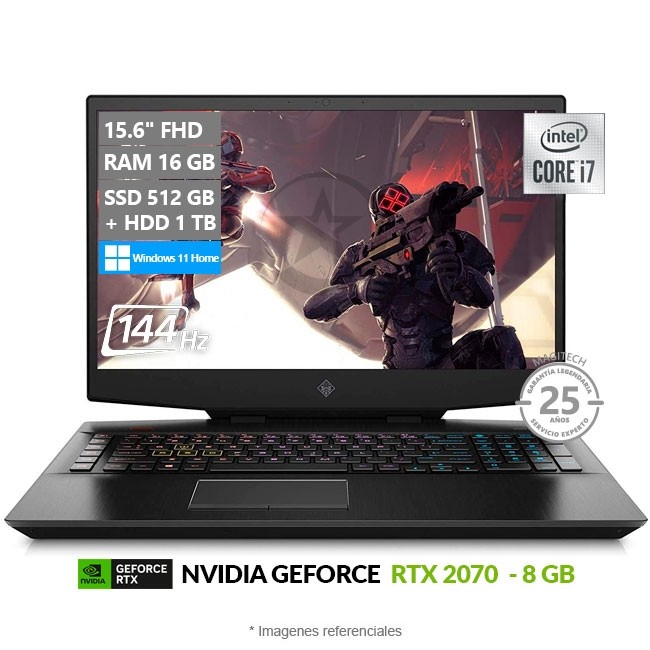 Laptop HP Omen 15-DH1065, Intel Core i7-10750H Hasta 5.0 GHz, RAM 16GB, SSD 512GB, 8GB NVIDIA GeForce RTX 2070, LED 15.6" FHD a 144Hz, Windows 11 Home **