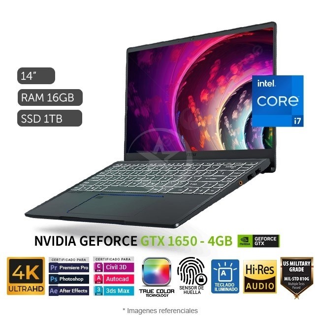 Laptop MSI Prestige 14 A10SC Studio-Creator, Intel Core i7-10510U hasta 4.9GHz, RAM 16GB, SSD 1TB, Video 4GB Nvidia GTX 1650 Max-Q, Pantalla 14" UHD 4K 100% RGB, Windows 10 Pro