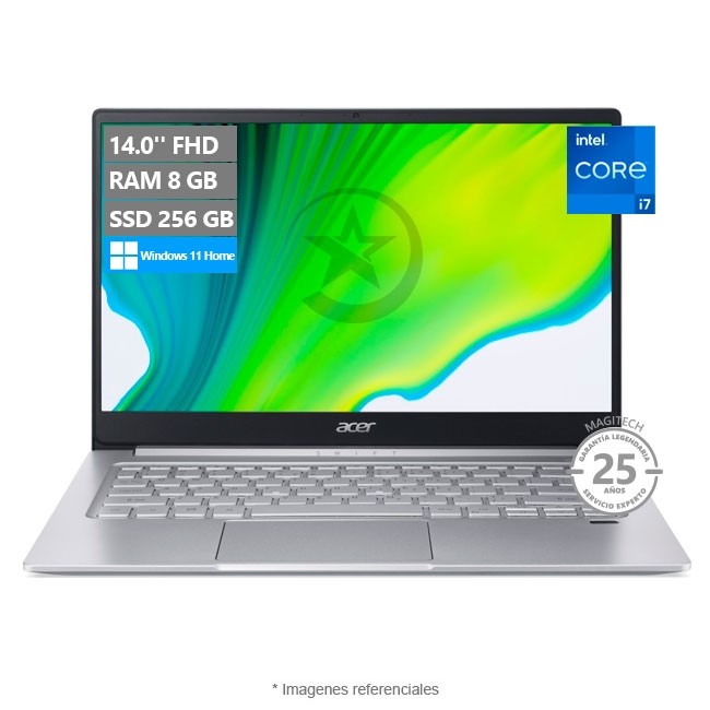 Laptop ACER Swift 3 SF314-59 Ultrabook, Intel Core i7-1165G7 2.8 GHz, RAM 8GB, SSD 256GB, Intel Iris Xe, LED 14" FHD, Windows 11 Home. Peso 1.2Kg