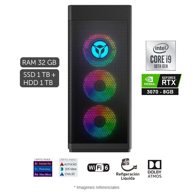 PC Lenovo Legion Tower T7 34IMZ5 Gaming, Intel Core i9-10850K Hasta 5.2 GHz, RAM 32GB, SSD 1TB PCIe, 8GB NVIDIA GeForce RTX 2080, Windows 11 Home