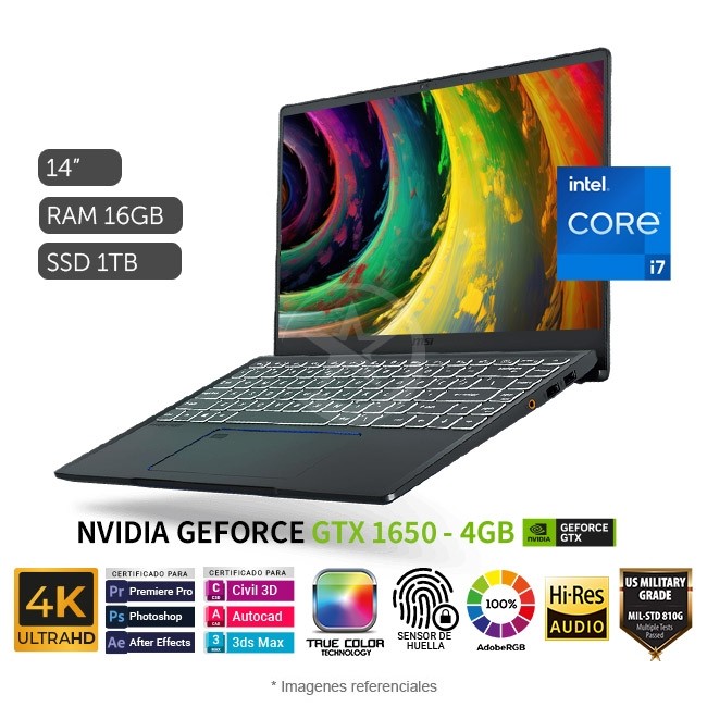 Laptop MSI Prestige 14 A10SC Creator Ultrabook, Intel Core i7-10710U Hasta 4.7GHz, RAM 16GB, SSD 1TB, Video 4GB Nvidia GTX 1650, LED 14" UHD 4K, Windows 11 Pro