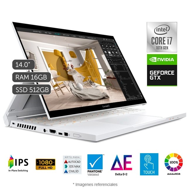 Convertible ACER ConceptD 3 Ezel Pro, Core i7-10750H 2.6GHz, RAM 16GB, SSD 512GB, Video 6GB Nvidia GTX 1650 Ti Max-Q, LED 14" Full HD Touch 100% sRGB, Windows 10 Pro **