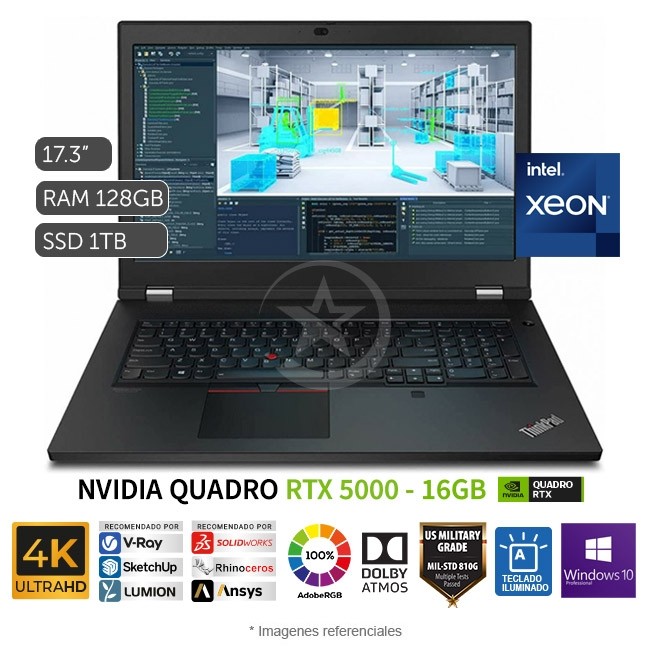 Laptop Lenovo Workstation ThinkPad P17, Xeon W-10855M 2.8GHz, RAM 128GB, SSD 4TB, Video 16GB Nvidia Quadro RTX 5000, LED 17.3" UHD 4K 100% Adobe, Windows 10 Pro