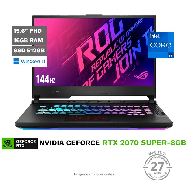 Laptop Asus ROG Strix G15-G512LWS Gaming, Intel Core i7-10850H Hasta 5.1 GHz, RAM 16GB, SSD 512GB, Video 8GB NVIDIA RTX 2070 SUPER, LED 15.6" Full HD a 144Hz, Windows 11 Home **