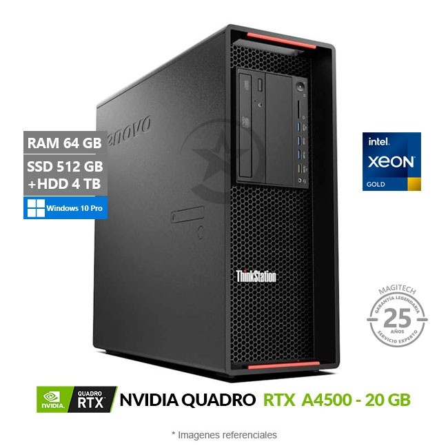 PC Lenovo ThinkStation P720 Workstation, Intel Xeon Gold 6151 (18 Núcleos) Hasta 3.4 GHz, RAM 64GB, SSD 512GB + HDD 4TB, Video 20GB NVIDIA Quadro RTX A4500, Windows 10 Pro