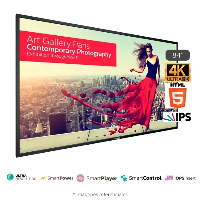 Pantalla Philips Comercial U-Line de 84", Ultra HD 4K (3840x2160) IPS, VGA (D-Sub), DisplayPort (1.2), DVI-D, HDMI