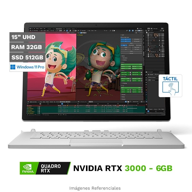 Convertible Microsoft Surface Book 3 (15"), Core i7-1065G7 Hasta 3.9 GHz, RAM 32GB, SSD 512GB, 6GB NVIDIA Quadro RTX 3000, Pantalla desmontable 15.0" UHD 4K Táctil, Windows 11 Pro