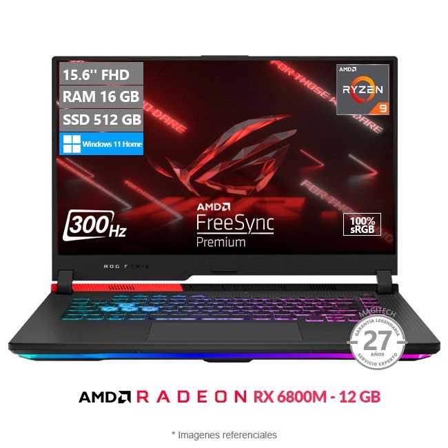 Laptop Asus ROG Strix GA513QY (Advantage Edition) Gaming, AMD Ryzen 9 5900HX Hasta 4.6 GHz, RAM 16 GB, SSD 512GB, 12GB AMD Radeon RX 6800M, LED 15.6" FHD a 300Hz, Windows 11 Home **