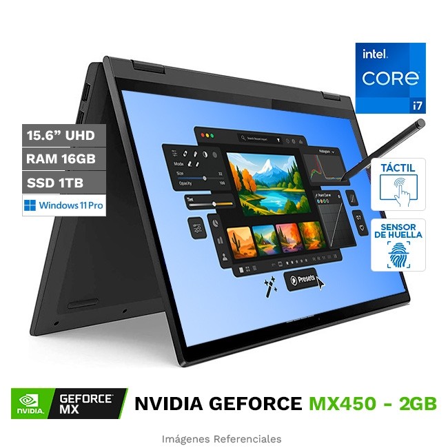 Laptop Lenovo convertible Flex 5 15ITL05 2-en-1, Core i7-1165G7/ RAM 16GB/ SSD 1TB/ NVIDIA MX450 de 2GB/ 15.6" 4K Táctil/ W11Pro