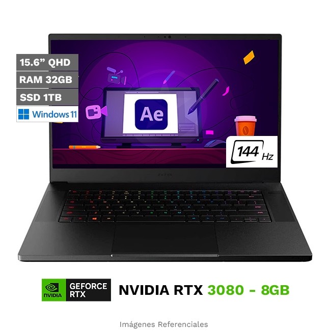 Laptop RAZER Blade 15 Gaming Deluxe, Core i7-10875H Hasta 5.0 GHz , RAM 32GB, SSD 1TB, 8GB NVIDIA GeForce RTX 3080, LED 15.6" 2K a 240 Hz, 100% Black Aluminum, Windows 11 Home **