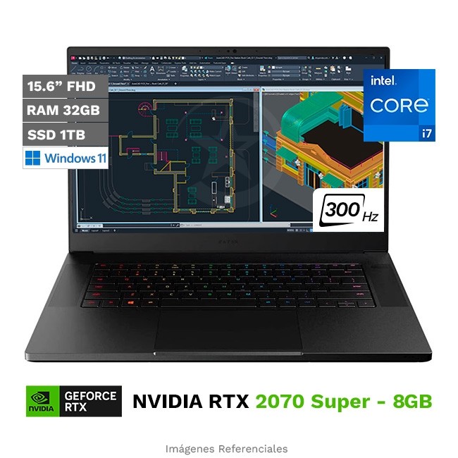 Laptop RAZER Blade 15 Gaming Deluxe, Core i7-10875H Hasta 5.0 GHz, RAM 32GB, SSD 1TB, Video 8GB NVIDIA GeForce RTX 2070 Super, LED 15.6" Full HD a 300 Hz, 100% Black Aluminum, Windows 11 Home **