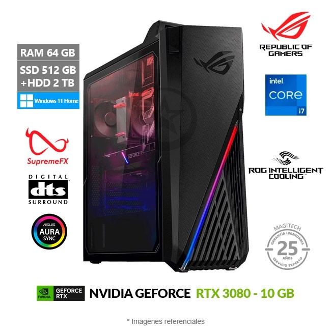 PC ASUS ROG Strix G15CE-B11 Gaming, Intel Core i7-11700KF hasta 5.0 GHz, RAM 64GB, SSD 512GB + HDD 2TB, Video 10GB Nvidia RTX 3080, Windows 11 Home