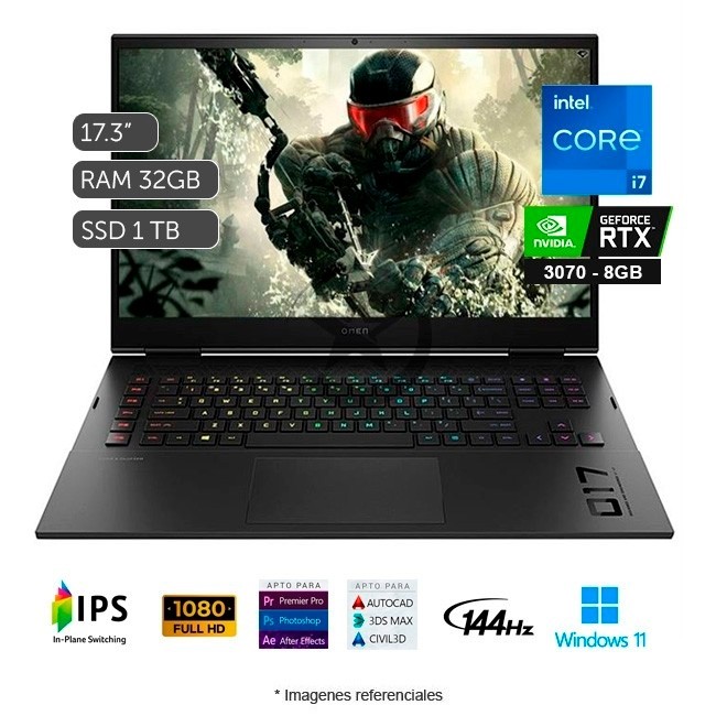 Laptop HP Omen 17-CK000, Intel Core i7-11800H Hasta 4.6 GHz, RAM 32GB, SSD 1TB, 8GB NVIDIA GeForce RTX 3070, LED 17.3" FHD a 144Hz, Windows 11 Home **
