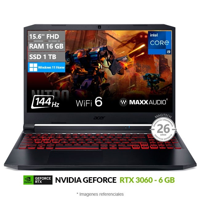 Laptop Acer Nitro 5 AN515-57 Gaming, Intel Core i9-11900H Hasta 4.9 GHz, RAM 16GB, SSD 1TB, 6GB NVIDIA GeForce RTX 3060, LED 15.6'' FHD 144Hz, Windows 11 Home **