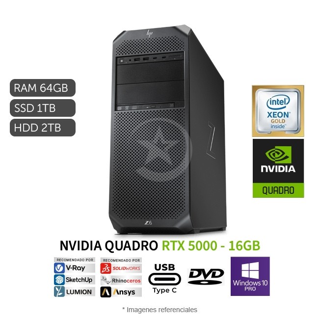 PC WorkStation HP Z6 G4 Torre, Intel Xeon Gold 6130 2.1 GHz (16 núcleos), RAM 64GB, SSD 1TB + HDD 2TB, Video 16GB Nvidia Quadro RTX5000, DVD-RW, Windows 10 Pro