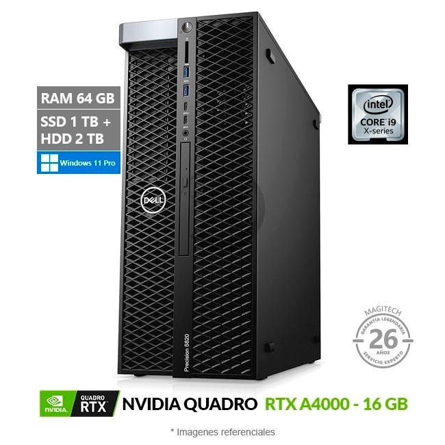 PC Dell Precision 5820 Tower, Intel Core i9-10900X Hasta 4.5 GHz, RAM 64GB, SSD 1TB + HDD 2TB, 16 GB NVIDIA Quadro RTX A4000, Windows 11 Pro