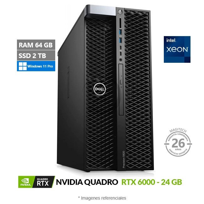 PC Dell Precision 5820 Tower, Intel Xeon W-2255 Hasta 4.5 GHz, RAM 64GB-ECC, SSD 2TB, 24 GB NVIDIA Quadro RTX 6000, Windows 11 Pro