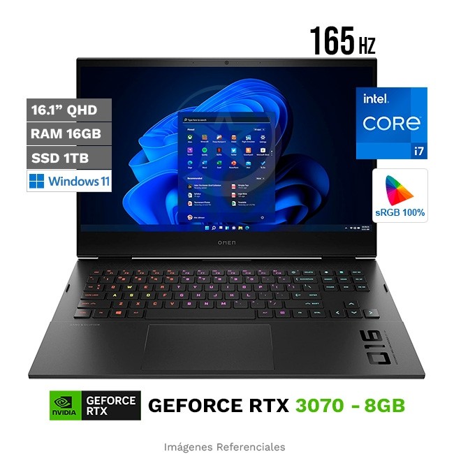 Laptop HP Omen 16-B0005DX Gaming, Intel Core i7-11800H Hasta 4.6 GHz, RAM 16GB, SSD 1TB, 8GB NVIDIA GeForce RTX 3070, LED 16.1" QHD 2K a 165Hz, Windows 11 Home (Special Edition) **