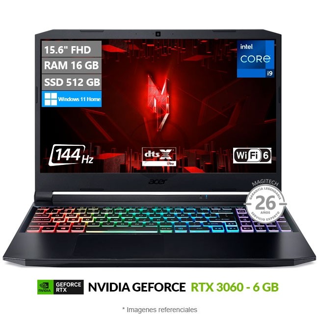 Laptop Acer Nitro 5 AN515-57 Gaming, Intel Core i9-11900H Hasta 4.9 GHz, RAM 32GB, SSD 2TB, 6GB NVIDIA GeForce RTX 3060, LED 15.6'' FHD 144Hz, Windows 11 Home **