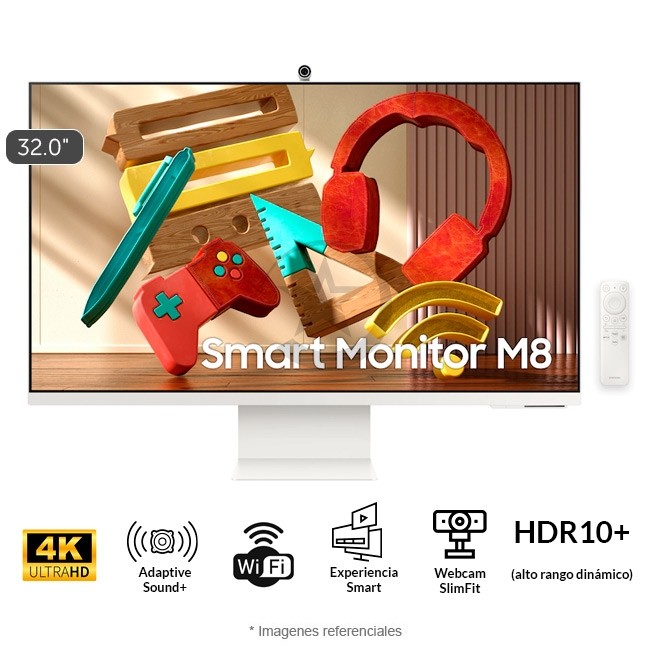 Monitor Samsung Smart M8 LS32CM80 de 32", LED UHD 4K, sRGB 99% / HDR10+, Mejora de imágenes por I.A, Parlantes Integrados, Smart TV, Gaming HUB, Bluetooth, Webcam Slim, Compatible con Windows y MAC (C