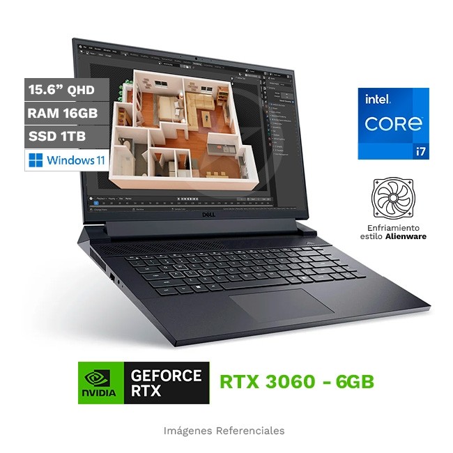 Laptop Dell G16-7620 Gaming, Intel Core i7-12700H Hasta 4.7 GHz, RAM 16GB, SSD 1TB, Video 6GB Nvidia RTX 3060, LED 15.6" QHD (2560x1440), Windows 11 Home **