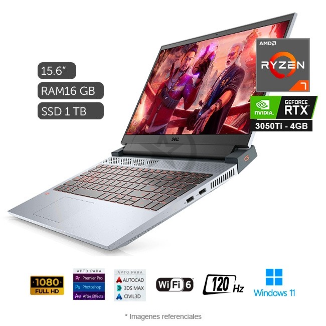 Laptop Dell G15 Gaming, AMD Ryzen 7 5800H Hasta 4.4 GHz, RAM 16GB, SSD 1TB, Video 4 GB NVIDIA GeForce RTX 3050Ti, LED 15.6" Full HD a 120Hz, Windows 11 Home **