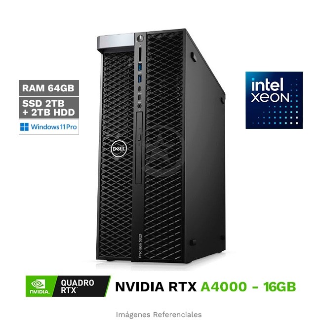 PC Dell Precision 5820 Tower, Intel Xeon W-2155 Hasta 4.5 GHz, RAM 64GB-ECC, SSD 2TB + HDD 2TB, 16GB NVIDIA Quadro RTX A4000, Windows 11 Pro