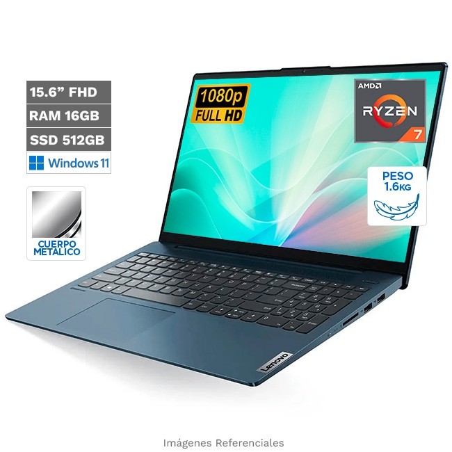 Laptop Lenovo IdeaPad 5 (15), AMD Ryzen 7 5700U Hasta 4.3 GHz, RAM 8GB, SSD 512GB, LED 15.6" Full HD, Peso 1.6 Kg, Windows 11 Home
