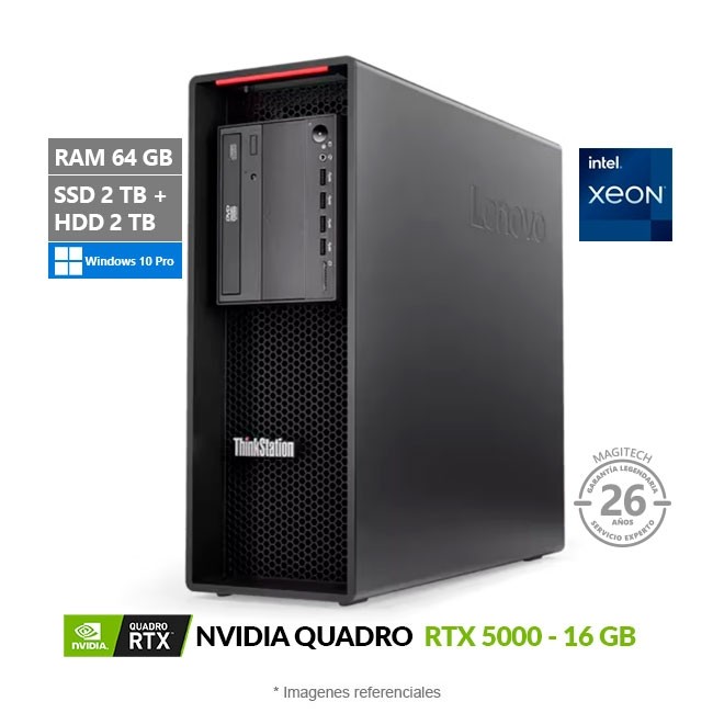 PC Lenovo ThinkStation P520 Tower, Intel Xeon W-2255 Hasta 4.5 GHz, RAM 64GB, SSD 2TB + HDD 2TB, 16GB NVIDIA Quadro RTX 5000, Windows 10 Pro