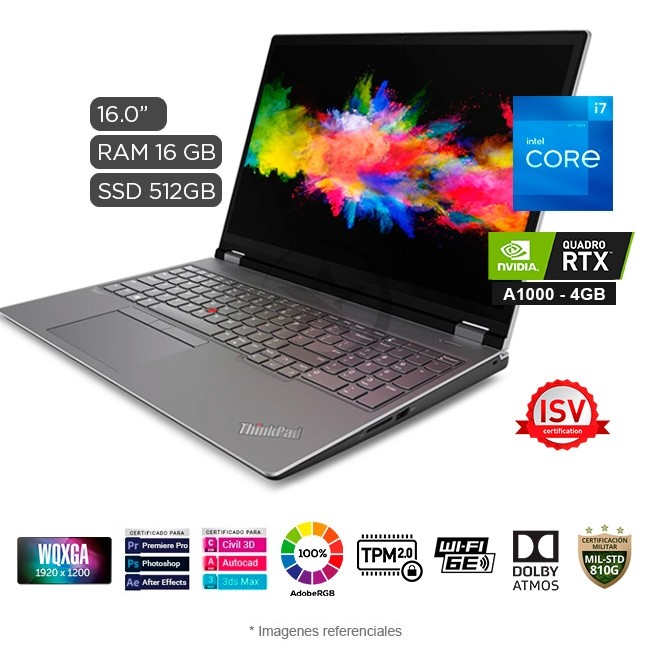 Laptop Lenovo Workstation ThinkPad P16 Gen1, Core i7-12800HX Hasta 4,8 GHz, RAM 16GB, SSD 512GB, 4 GB NVIDIA Quadro RTX A1000, Pantalla 16.0'' WQXGA, Windows 11 Pro