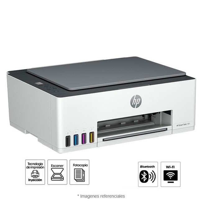 Impresora HP Multifuncional Smart Tank 580, 12 ppm, USB 2.0, Bluetooth, WiFi, Pantalla 1.2", Color/BNegro, A4