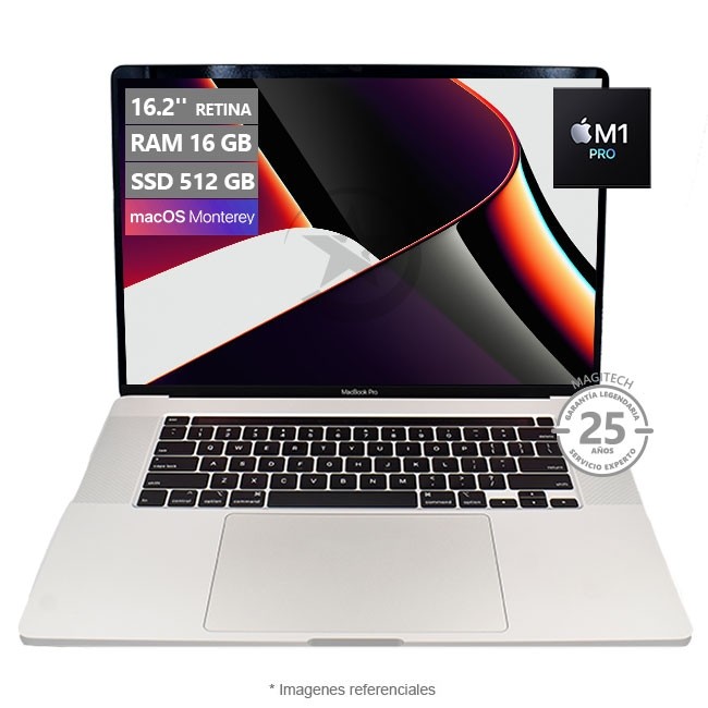 Laptop Apple MacBook Pro, M1 Pro (10 Núcleos), RAM 16GB, SSD 512GB, GPU con Motor neuronal de 16 núcleos, Pantalla Liquid Retina XDR de 16.2'' True Tone, MacOS