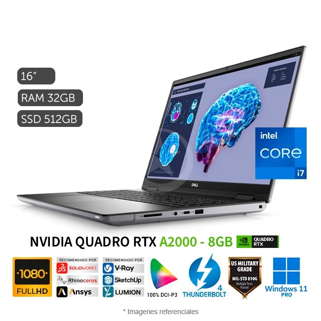 Laptop Workstation Dell Precision 7680 Intel Core i7-13850HX Hasta 5.3 GHz, RAM 32GB, SSD 512GB, NVIDIA Quadro RTX A2000 de 8 GB, LED 16" FHD+, Windows 11 Pro