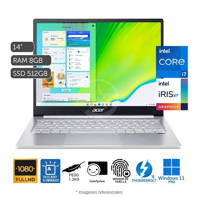 Laptop ACER Swift 3 SF314-59 Pro Ultrabook, Intel Core i7-1165G7 2.8 GHz, RAM 8GB, SSD 512GB, Intel Iris Xe, LED 14" FHD, Windows 11 Pro. Peso 1.2Kg