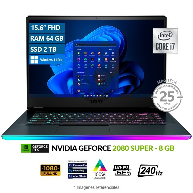 Laptop MSI GE66 Raider 10SGS, Intel Core i7-10750H Hasta 5.0 GHz, RAM 64GB, SSD 4TB, Video 8GB NVIDIA RTX 2080 SUPER, LED 15.6" FHD a 240 Hz, Windows 11 Pro **