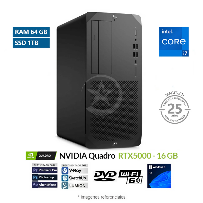 PC Workstation HP Z1 G8 Torre, Intel Core i7-11700 2.5 GHz, RAM 64GB, SSD 1TB, Video 16GB NVIDIA RTX 5000, Windows 11 Pro SP