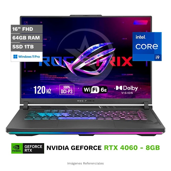 Laptop Asus ROG Strix G16 - G614JVR-ES9 Gaming, Intel Core i9-14900HX Hasta 5.8 GHz, RAM 64 GB, SSD 1TB, 8GB NVIDIA RTX 4060, LED 16" FHD de 120Hz Nebula Display, Windows 11 Pro **