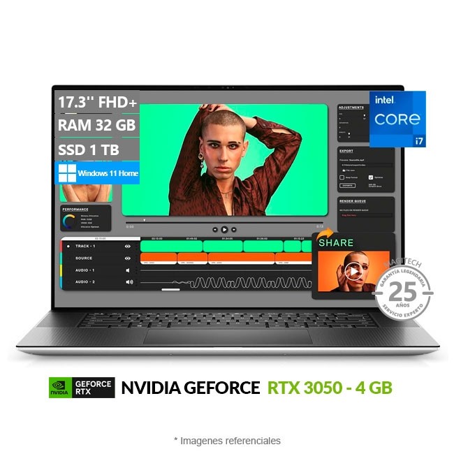 Laptop Dell XPS 17 9710, Intel Core i7-11800H 2.3GHz, RAM 32GB, SSD 1TB, Video 4GB Nvidia RTX 3050, LED 17.3" Full HD +, Windows 11 Home