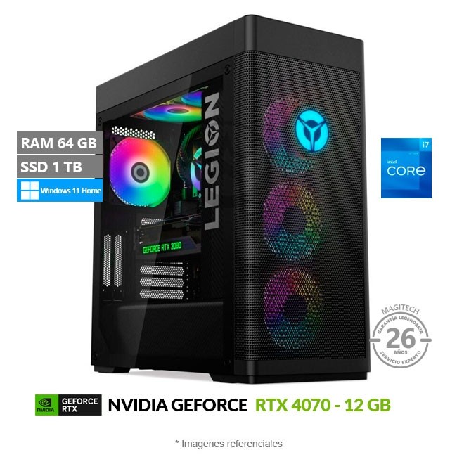PC Lenovo Legion Tower T7 34IAZ7 Gaming, Intel Core i7-12700K Hasta 4.9 GHz, RAM 64GB, SSD 1TB, Video 12GB NVIDIA GeForce RTX 4070, PSU 850W Gold, Wi-Fi 6E, Windows 11 Home
