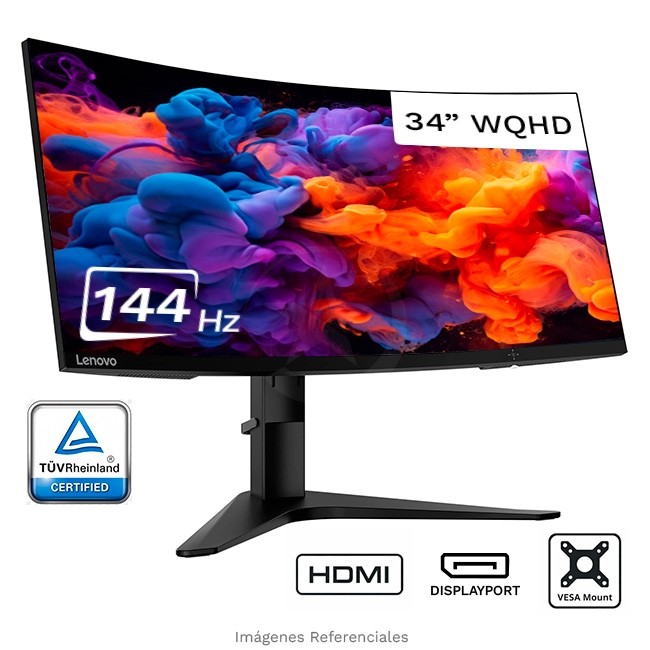 Monitor Lenovo G34w-10 de 34" Curvo, Ultrawide WQHD (3440x1440) a 144Hz, 1 ms respuesta, HDMI, DisplayPort, Vesa, Ajuste de altura