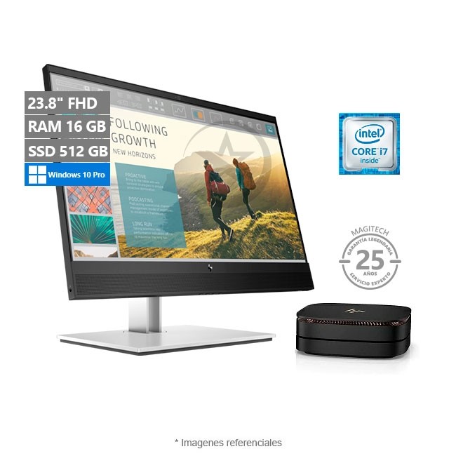 Combo-PC HP Elite Slice G2, Intel Core i5 7500T 2.7 GHz, RAM 16GB, SSD 512GB, Wi-Fi, Bluetooth, Windows 10 Enterprise + Monitor Premium HP 24'' con Cámara Web